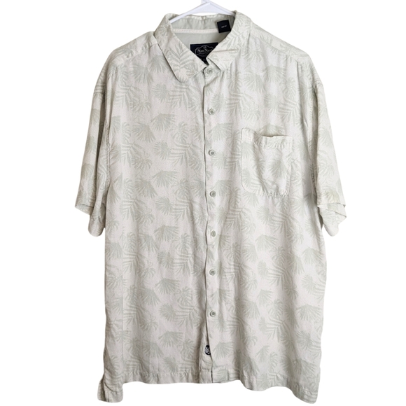 Silk & Cotton Green Palm Floral Button Up Shirt Short Sleeve Pocket Men's XL - Picture 1 of 10